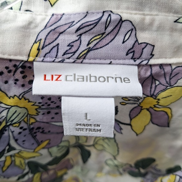 LIZ CLAIBORNE All-Over Floral Linen Blend Button Top Sz L Garden Party Summer - Picture 5 of 8